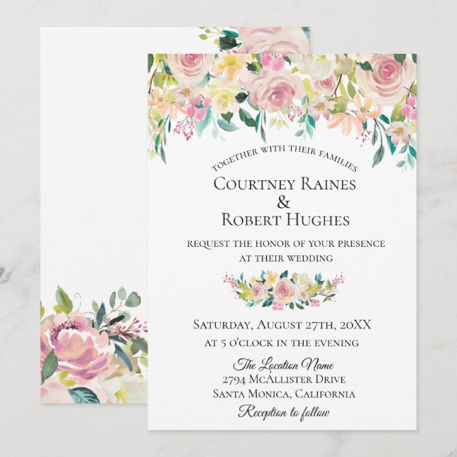 Convite para Casamento Floral Pastel Blush (Frente/Verso)