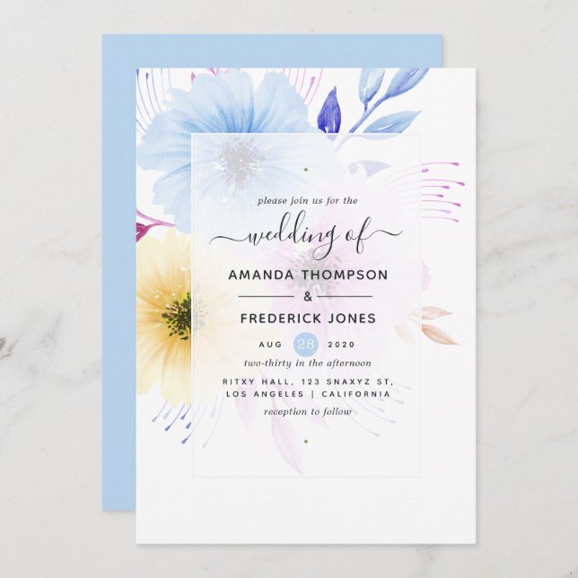 Convite para Casamento Floral Pastel Watercolor (Frente/Verso)