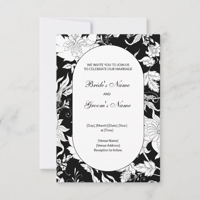 Convite para Casamento Floral Preto e Branco (Frente)