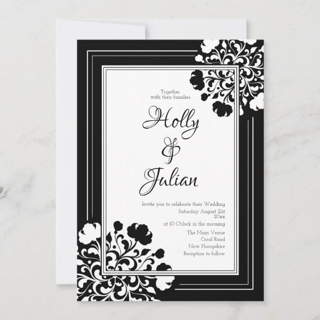 Convite para Casamento Floral Preto e Branco Elega (Frente)