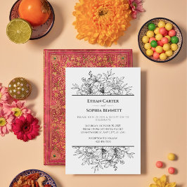 Convite para Casamento Floral Preto e Branco Elega