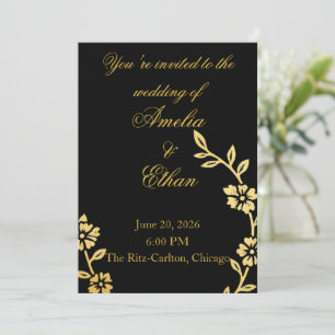 Convite para Casamento Floral Preto e Dourado El