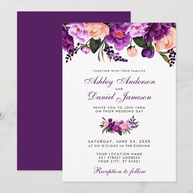 Convite para Casamento Floral Puro Ultra Violet PS (Frente/Verso)