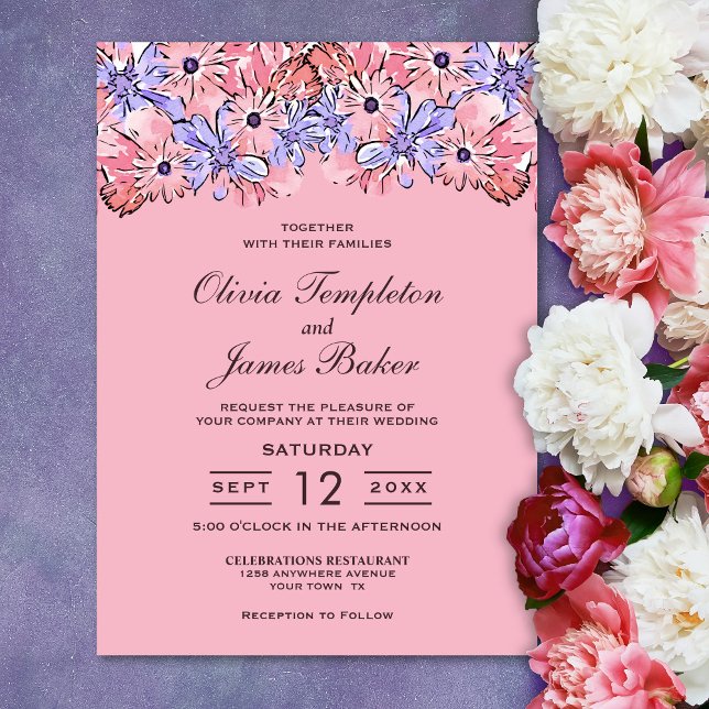 Convite para Casamento Floral Púrpura Rosa (Criador carregado)