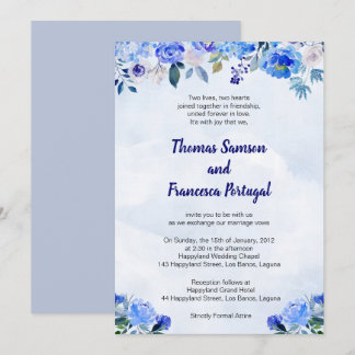 Convite para Casamento Floral Real Blue Watercolor
