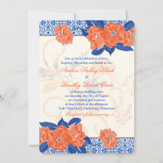 Convite para Casamento Floral Real Laranja Azul