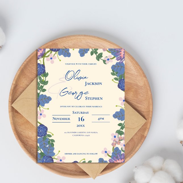 Convite para Casamento Floral Romântico Azul e Rox (Romantic Blue & Purple Floral Wedding Invitation Postcard)