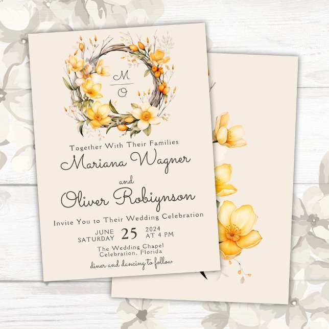 Convite para Casamento Floral Romântico de Beige A (Criador carregado)