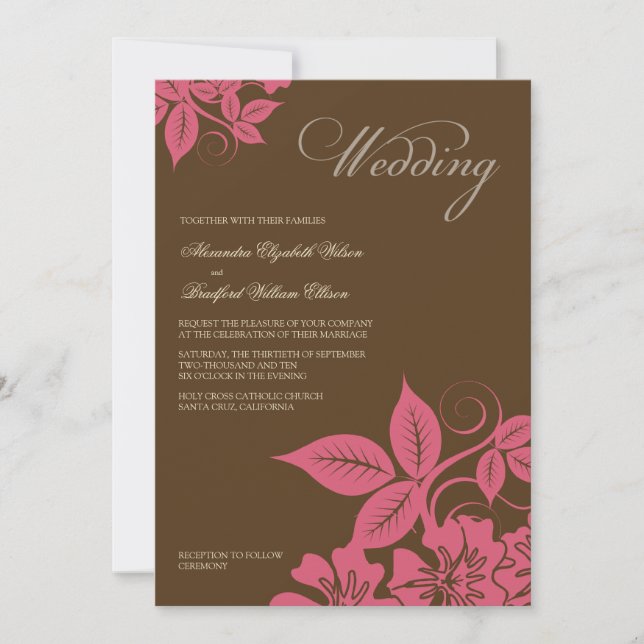 Convite para Casamento Floral Rosa/Castanho Modern (Frente)