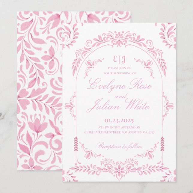 Convite para Casamento Floral Rosa Elegante (Frente/Verso)