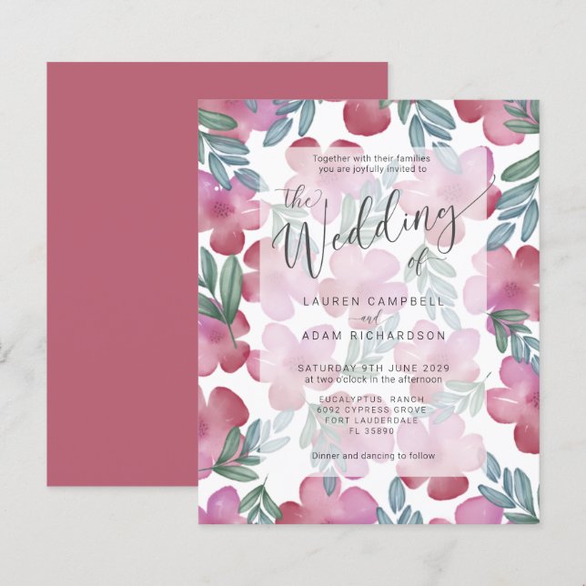 Convite para Casamento Floral Rosa-Rosa-Blush de O (Frente/Verso)