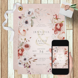 Convite para Casamento Floral Rosa-Rosa Romântico