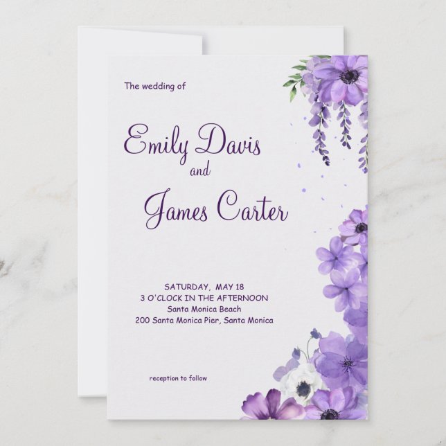 Convite para Casamento Floral Roxo (Frente)