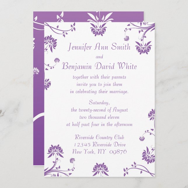Convite para Casamento Floral Roxo (Frente/Verso)