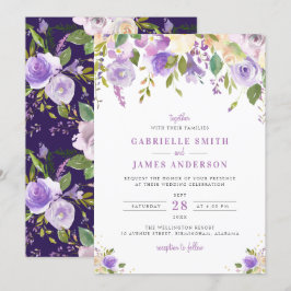 convite para casamento floral, roxo e pêssego