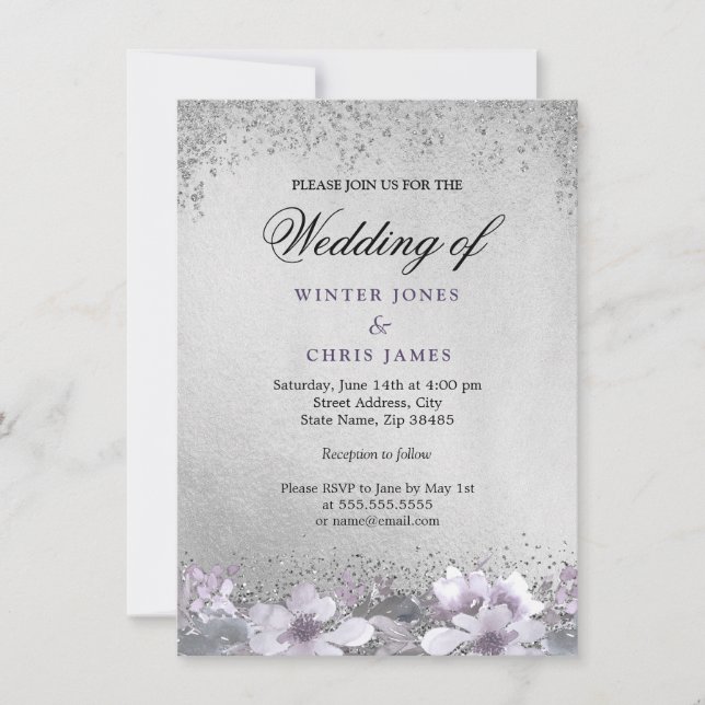 Convite para Casamento Floral Roxo Silver Foil (Frente)