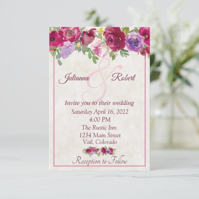 Convite para casamento floral rufo e Borgonha (Em pé/Frente)
