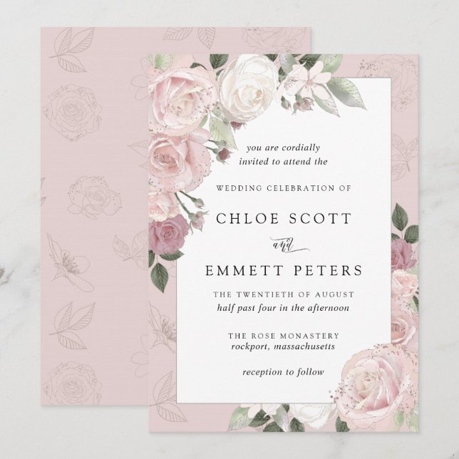 Convite para Casamento Floral Russo Rosa Rosa Rosa (Frente/Verso)