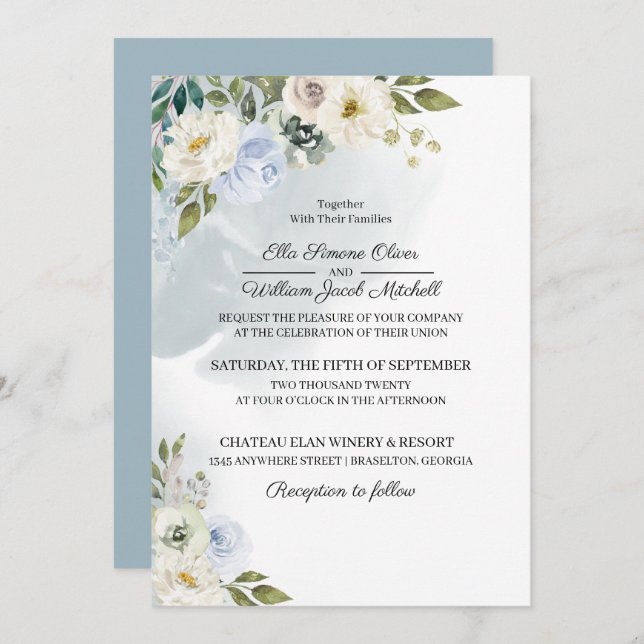 Convite para Casamento Floral Rustic Blue (Frente/Verso)