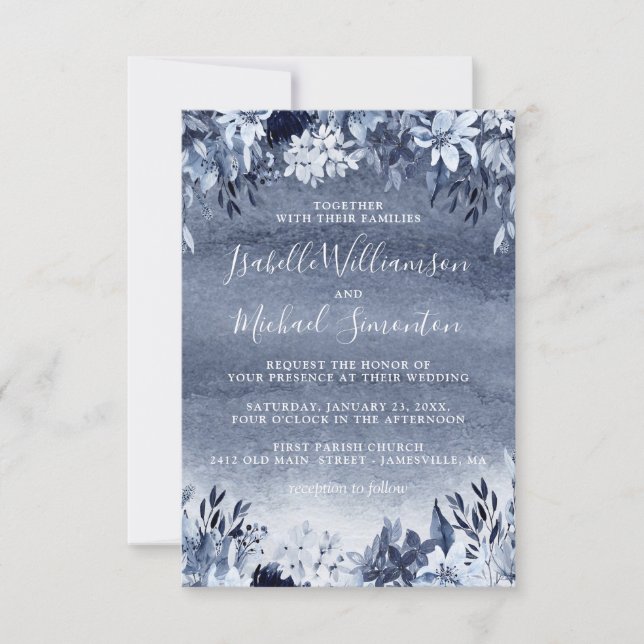 Convite para Casamento Floral Rustic Dusty Blue (Frente)