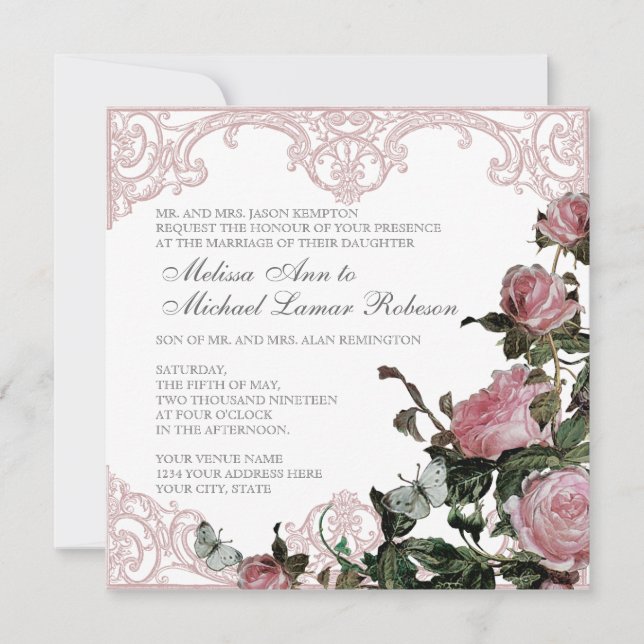 Convite para Casamento Floral - Trellis Rosa Vinta (Frente)