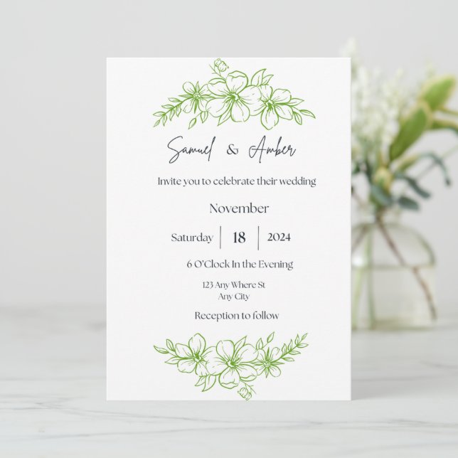 Convite para Casamento Floral Verde e Branco Elega (Em pé/Frente)