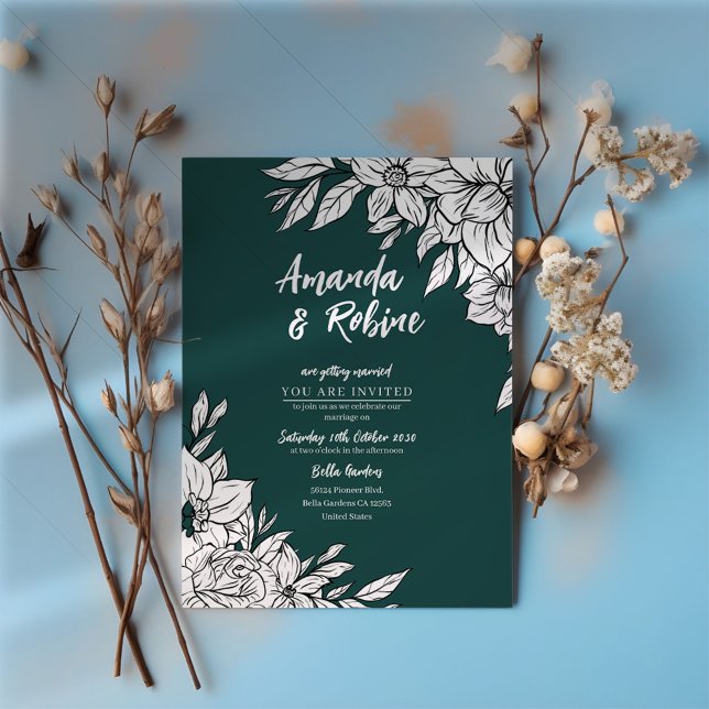 Convite para Casamento Floral Verde e Branco Elega (Criador carregado)