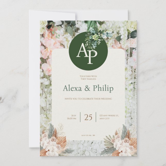 Convite para Casamento Floral Verde e Peach (Frente)
