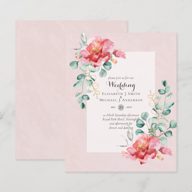 Convite para Casamento Floral Vermelho de Baixo Or (Frente/Verso)