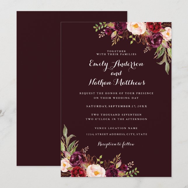 Convite para Casamento Floral Vermelho de Borgonha (Frente/Verso)