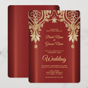 Convite para Casamento Floral Vermelho Dourado Mod
