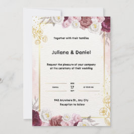 Convite para Casamento Floral Vermelho e Dourado