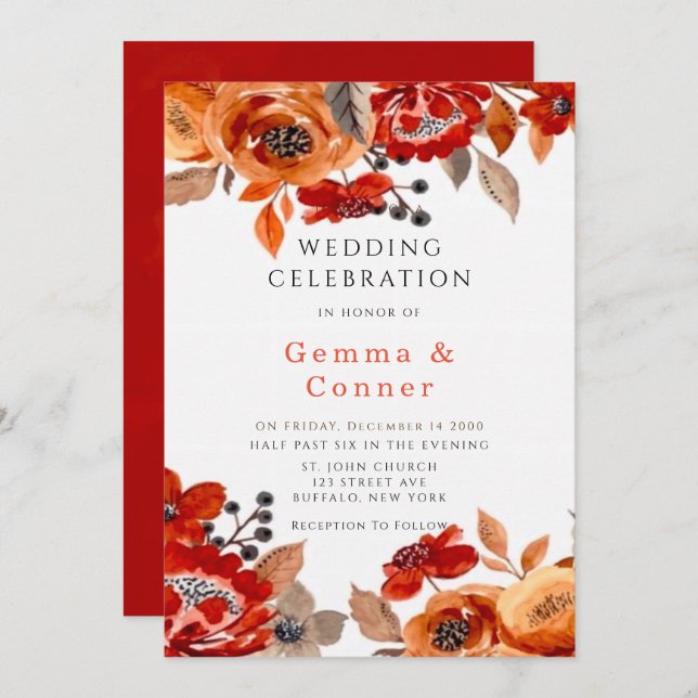 Convite para Casamento Floral Vermelho e Laranja E (Frente/Verso)