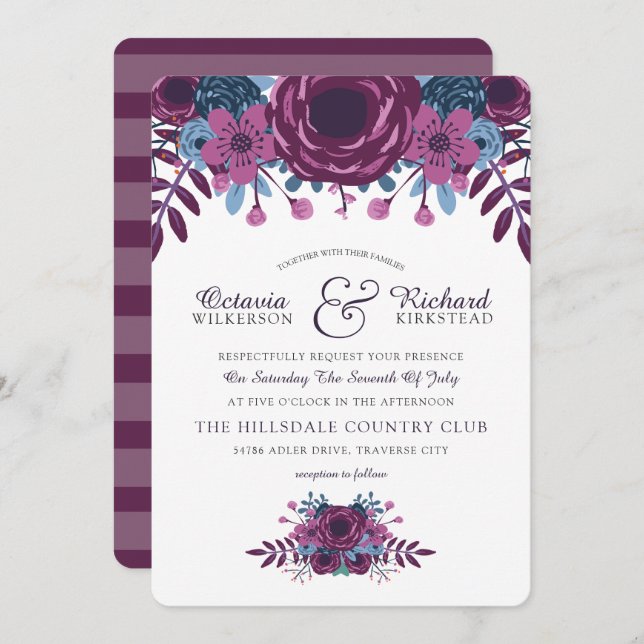 Convite Para Casamento Floral Violet Watercolor (Frente/Verso)