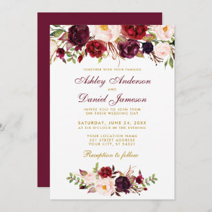 Convite para Casamento Floral Watercolor Burgundy 