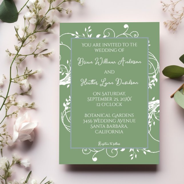 Convite para Casamento Flourish de Moss Green (Moss Green Flourish Wedding Invitation)