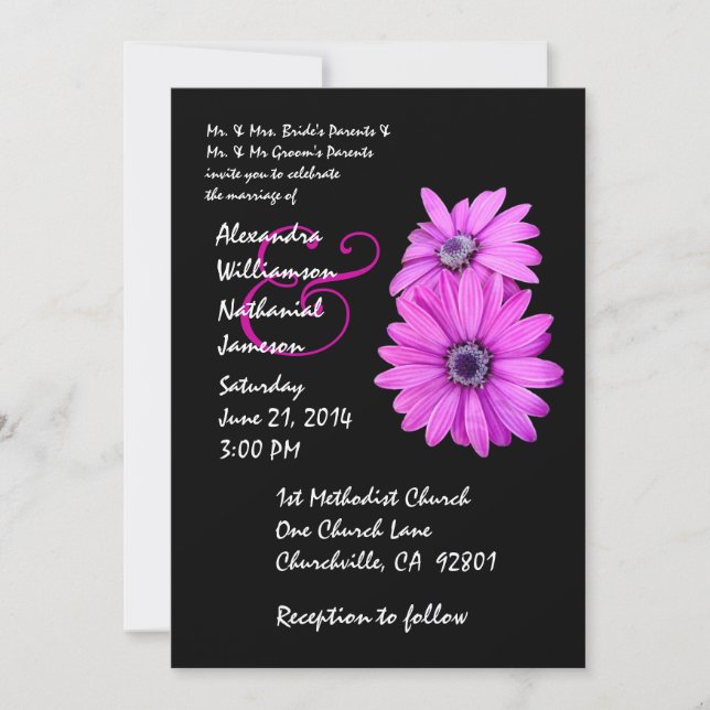 Convite para Casamento Fuschia Pink e Black Daisy (Frente)