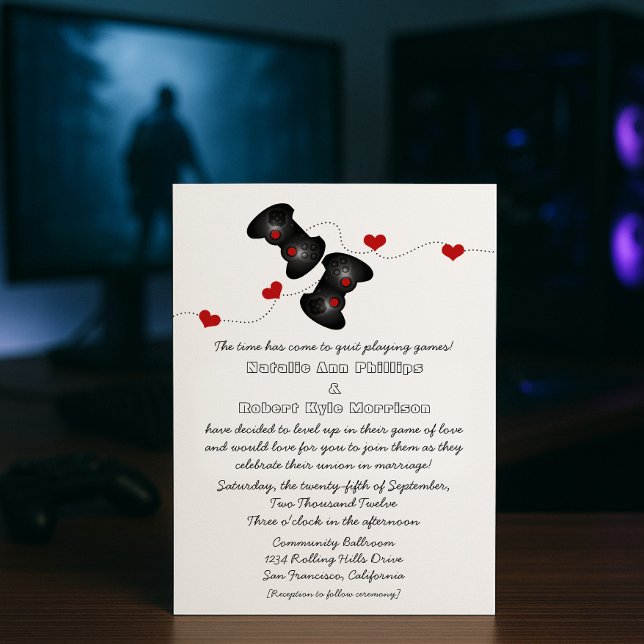 Convite para Casamento Geeky Gamers (Escuro) (Red Geeky Gamers Wedding Invitation)