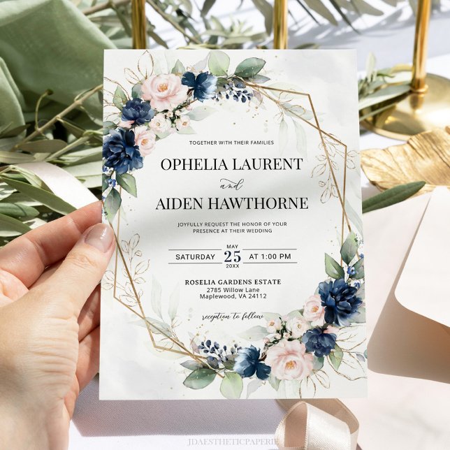 Convite para Casamento Geométrico Floral de marinh (Criador carregado)
