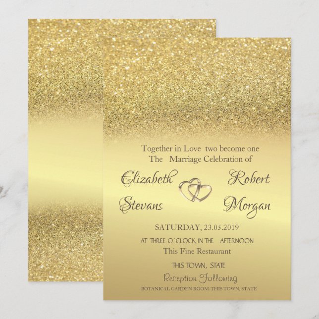 Convite para Casamento Glitter Bokeh, Dourado Eleg (Frente/Verso)