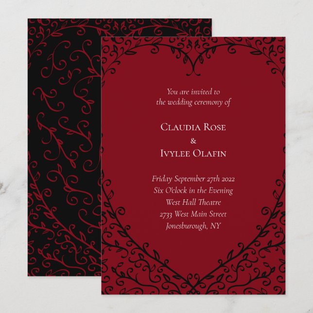 Convite para Casamento Gótico do Coração Vermelho  (Frente/Verso)