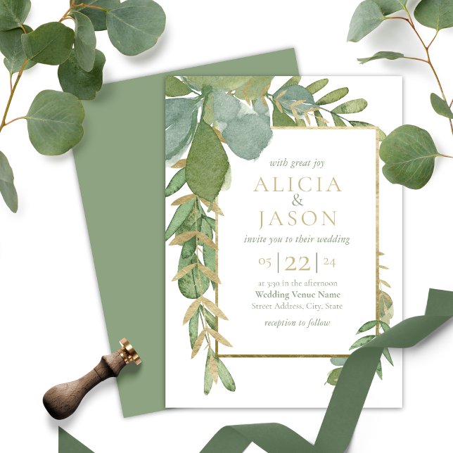 Convite para Casamento Greenery de ouro (Golden Greenery Wedding Invitation. Please  contact me if you need assistance with this design.)