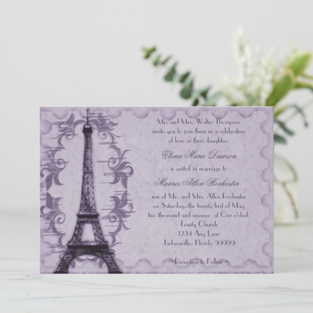 Convite para Casamento Grunge da lavanda Paris (Em pé/Frente)