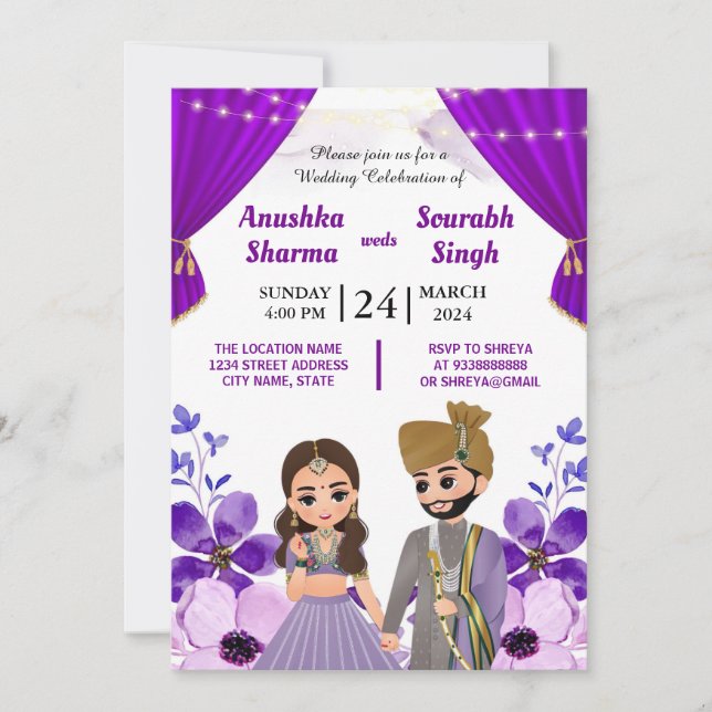 Convite Para Casamento Indiano Com Caricatura Bela (Frente)
