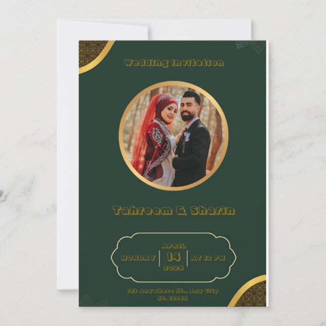 Convite para Casamento Índio Verde-Escuro e Dourad (Frente)