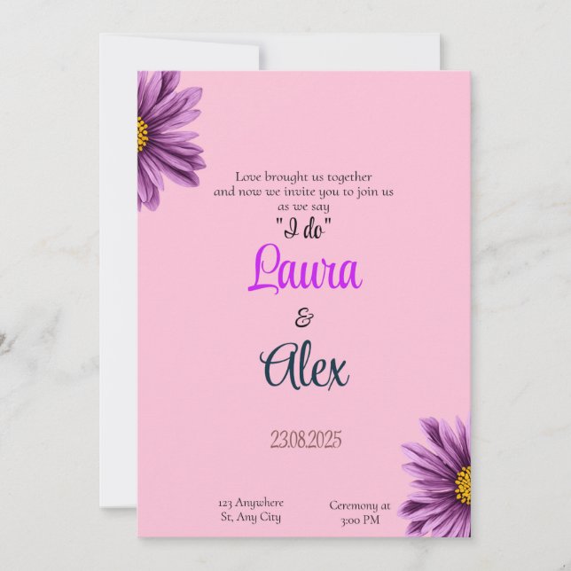 Convite para Casamento Inspiração de Flor Roxo (Frente)