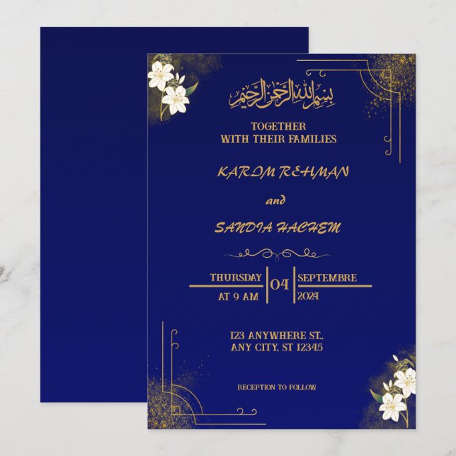 Convite para Casamento Islâmico de Nikah Blue (Frente/Verso)