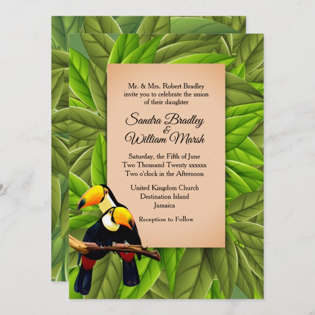 Convite Para Casamento Jungle Toucans (Frente/Verso)