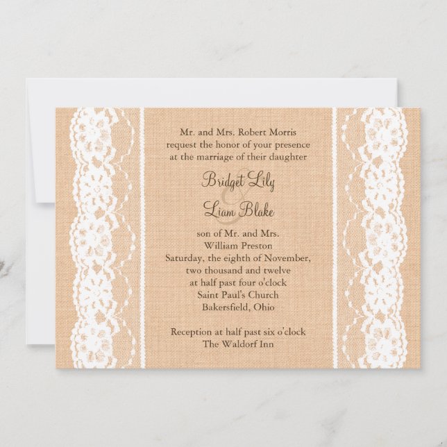 Convite para Casamento Leve Burlap e Vintage Lace (Frente)