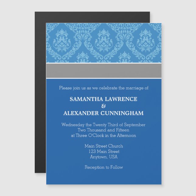Convite para Casamento Magnético Blue Damask (Frente/Verso)